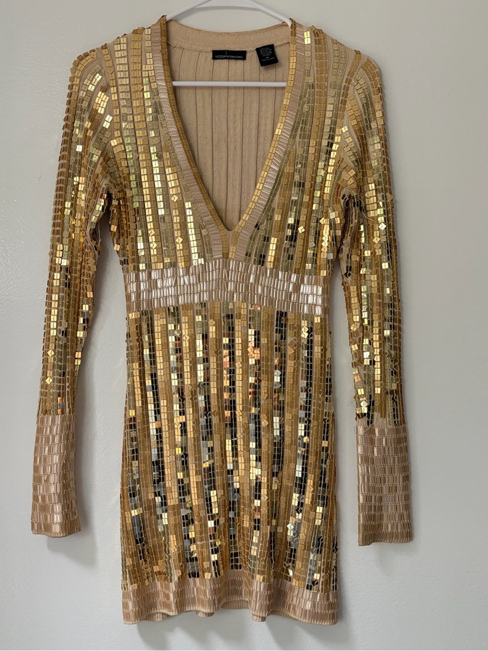 Moda International Gold Sequin Long Sleeve V-Neck Mini Dress Size M
